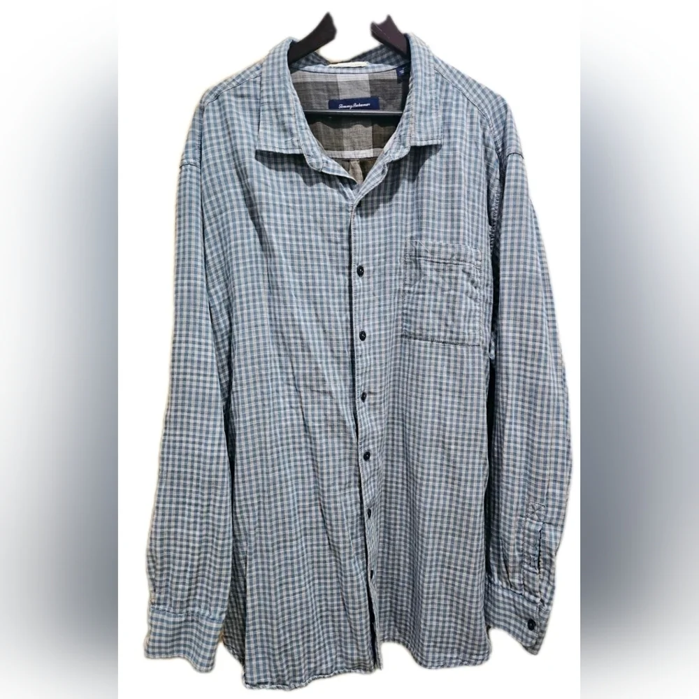 Tommy Bahama Blue and White Checked Long-Sleeve Button-Down Shirt